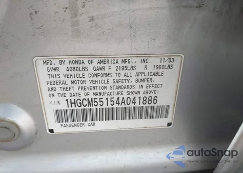 2004 Honda Accord 2.4 Dx z USA, uszkodzony, nr VIN 1HGCM55154A041886